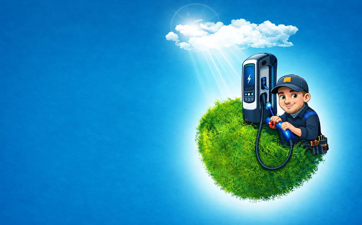 Glad elektriker från 512 Elservice installerar en laddbox för elbil på en grön jordglob i solsken